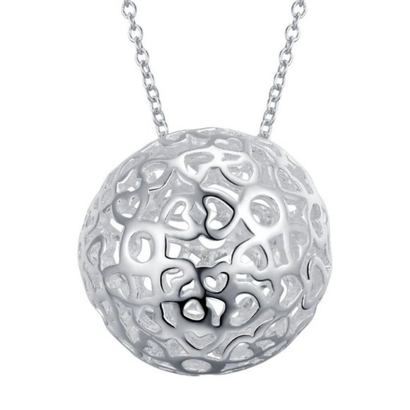 Hollow Heart Ball Sphere Pendant Silver Necklace & 18" Chain - Picture 5 of 9